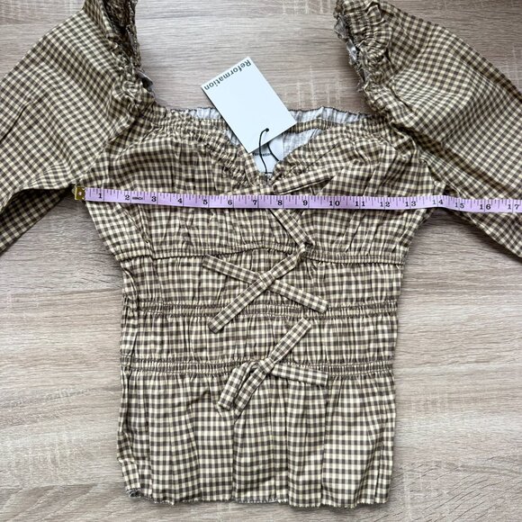 NWT Reformation Lauryn Checkered Quarter Sleeve Bow Top Brown 8 - Picture 8 of 17